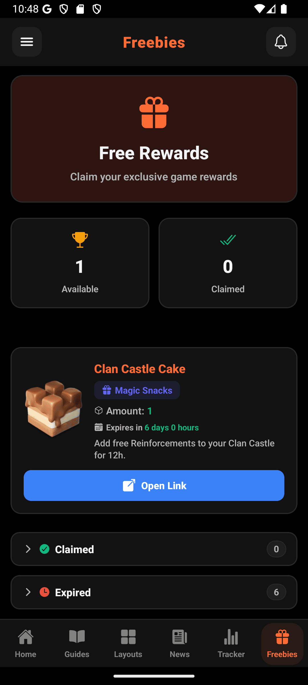 Clash Companion freebies screen with available, claimed, and expired rewards