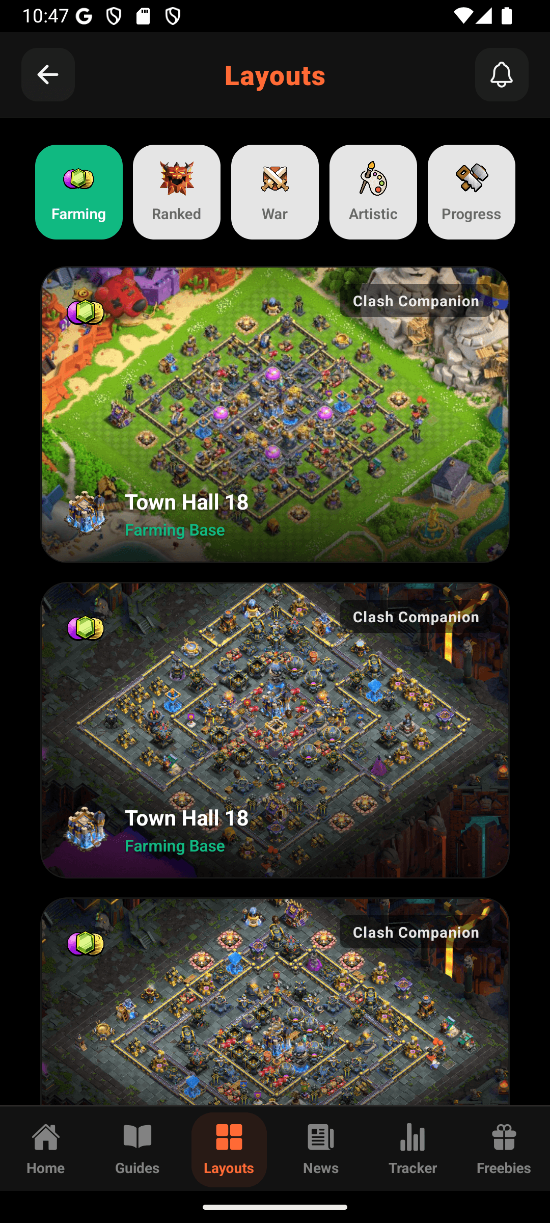 Clash Companion layouts results with farming, ranked, war, artistic, and progress filters